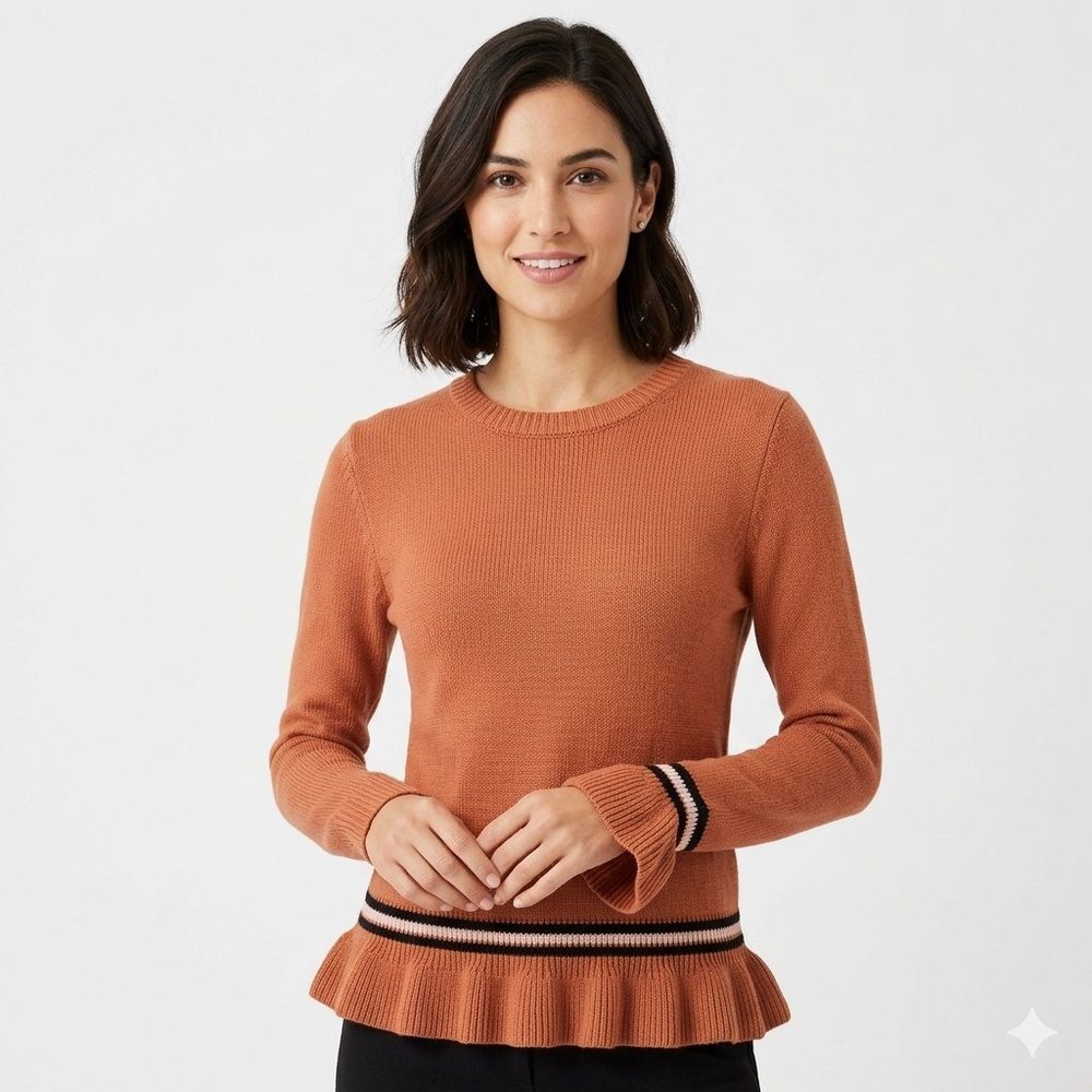 Day to Day by Blu Pepper Rust Peplum Sweater w Striped Ruffle Cuffs Size Small